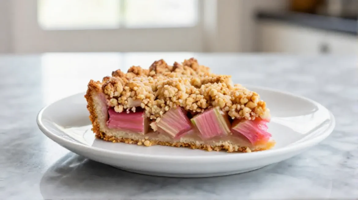 Dieser Rhabarber-Streuselkuchen aus der Heißluftfritteuse ist lieblich und fruchtig.