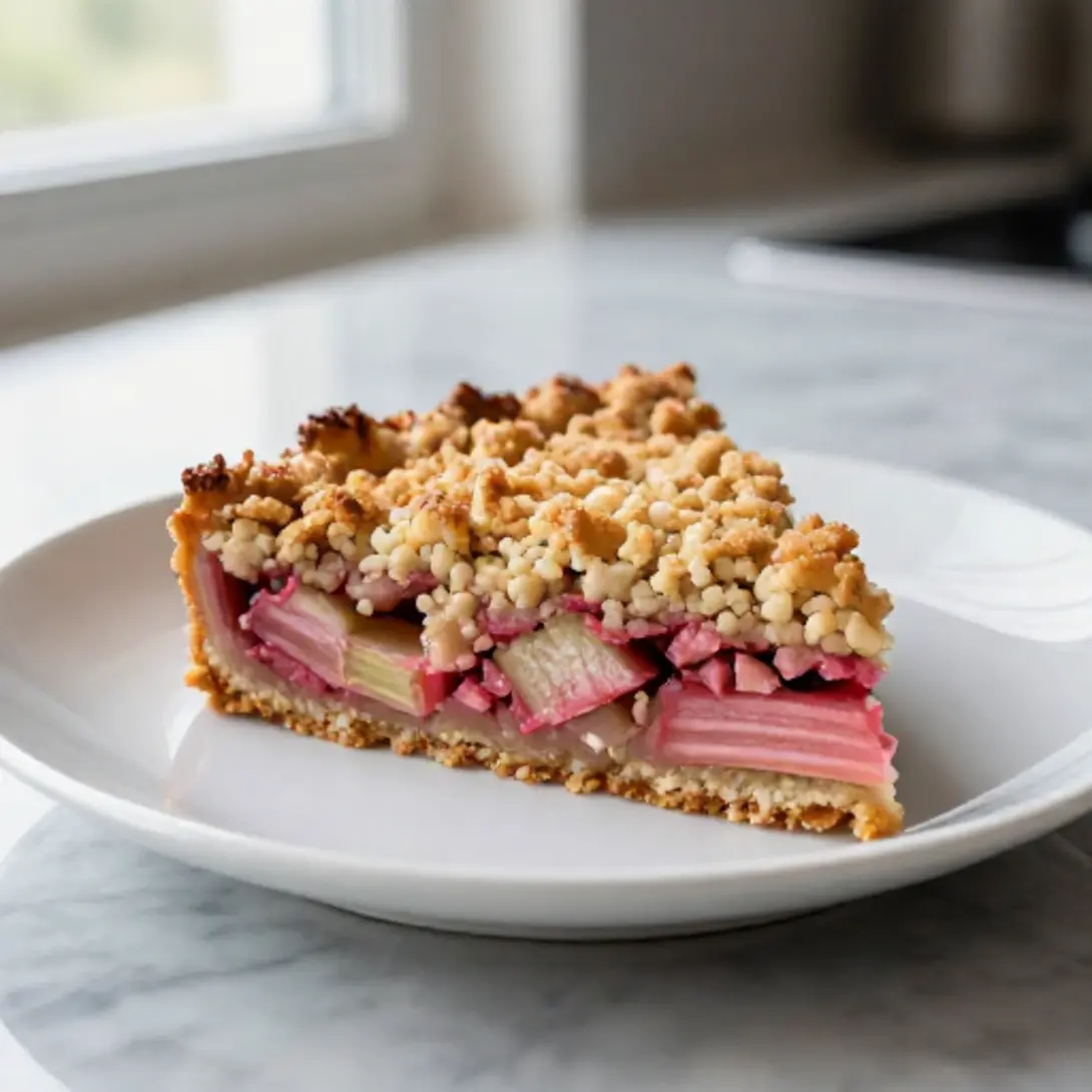 Nahaufnahme des Rhabarber-Streuselkuchens aus der Heißluftfritteuse, appetitlich angerichtet.