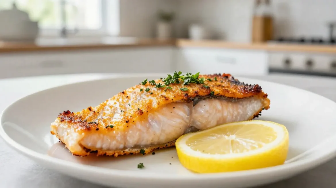 Leckerer Rotbarsch, zubereitet in der Heißluftfritteuse für ein gesundes Essen.