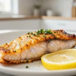 Leckerer Rotbarsch, zubereitet in der Heißluftfritteuse für ein gesundes Essen.
