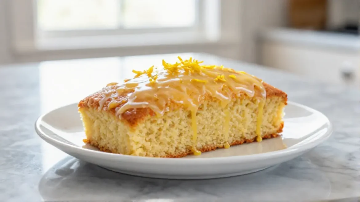 Saftiger Zitronenkuchen aus der Heißluftfritteuse auf einem Kuchenteller.