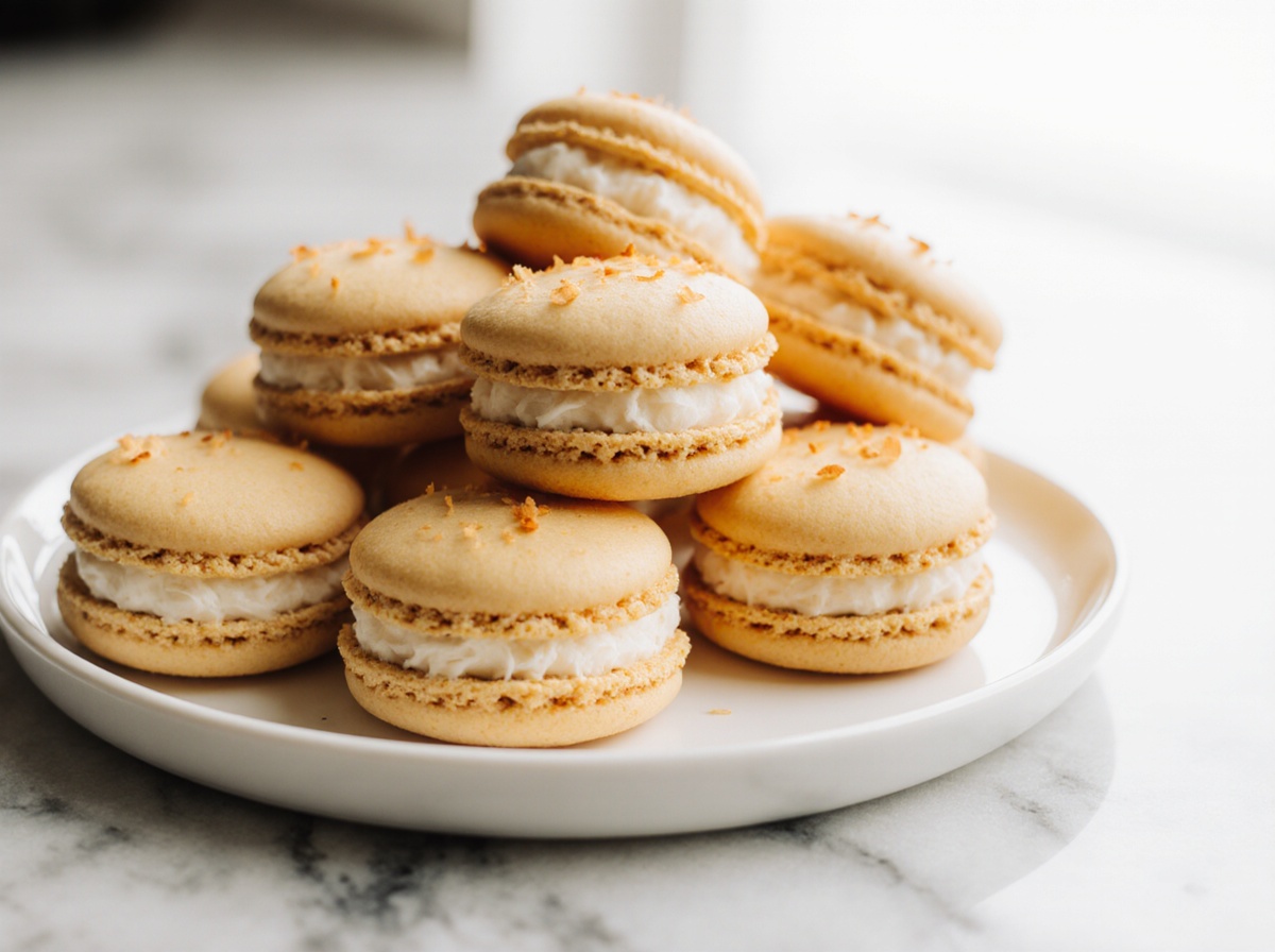 Schnelle Kokosmakronen aus der Heißluftfritteuse auf einem Teller angerichtet.