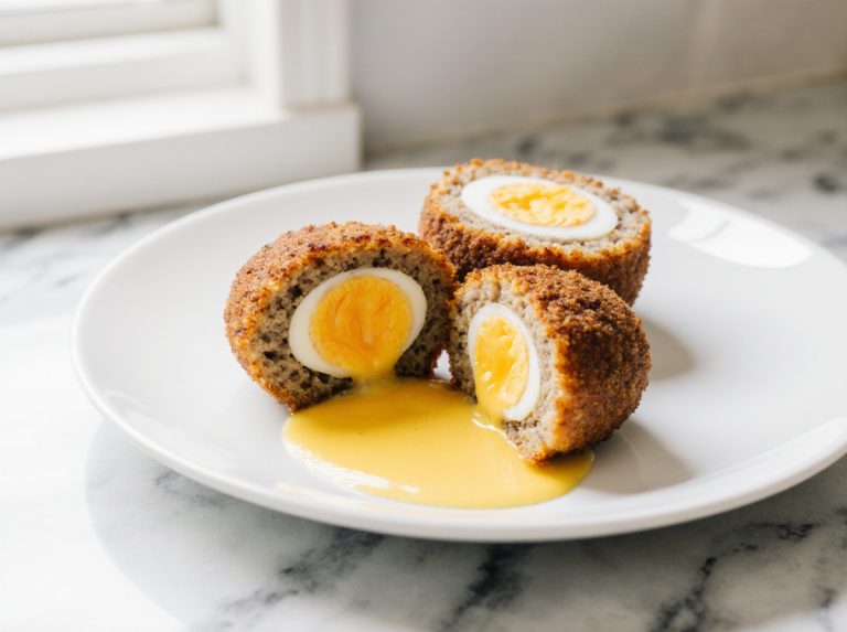 Leckere Schottische Eier aus der Heißluftfritteuse, perfekt knusprig und saftig.