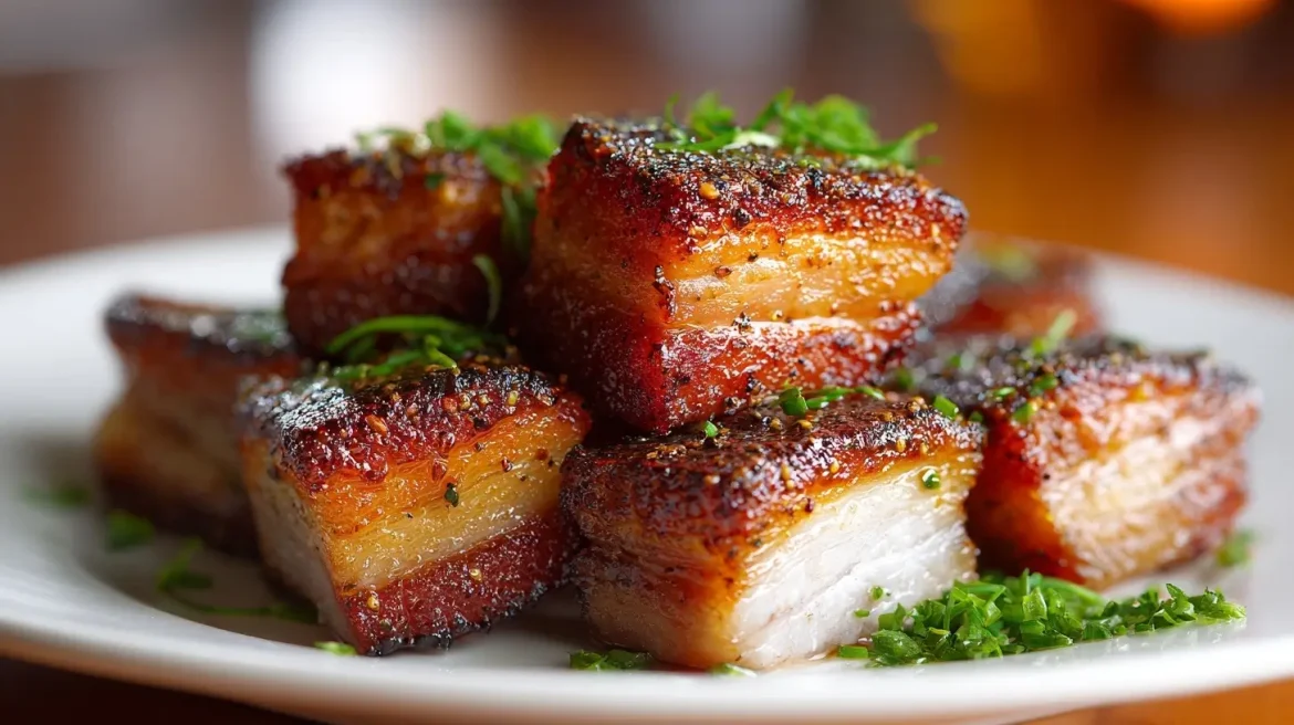 Leckere schweinebauchscheiben, zubereitet im Airfryer für eine knusprige Mahlzeit.