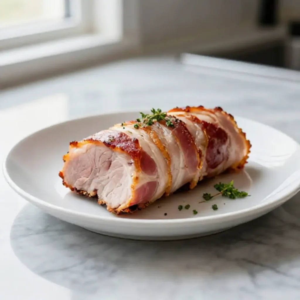 Schweinefilet im Speckmantel, frisch aus dem Airfryer.