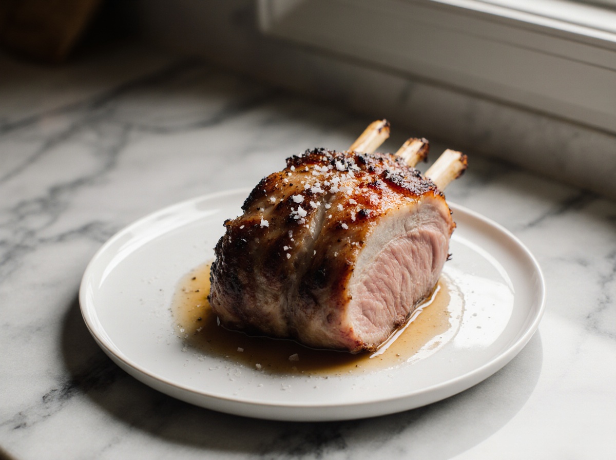 Schweinekrustenbraten aus der Heißluftfritteuse, außen knusprig und innen zart.