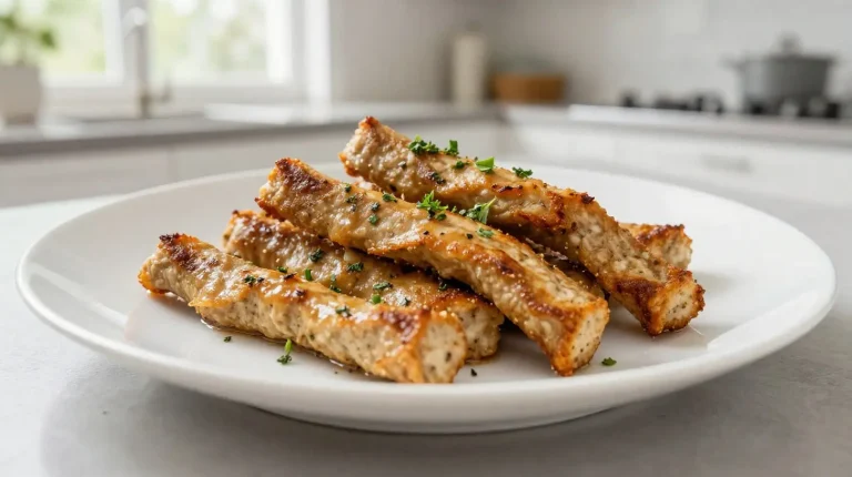 Leckeres Seitan-Geschnetzeltes, perfekt zubereitet im Airfryer für eine gesunde Mahlzeit.