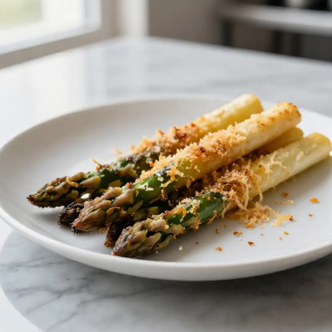 Spargel-Parmesan-Sticks im Airfryer beim Zubereiten.