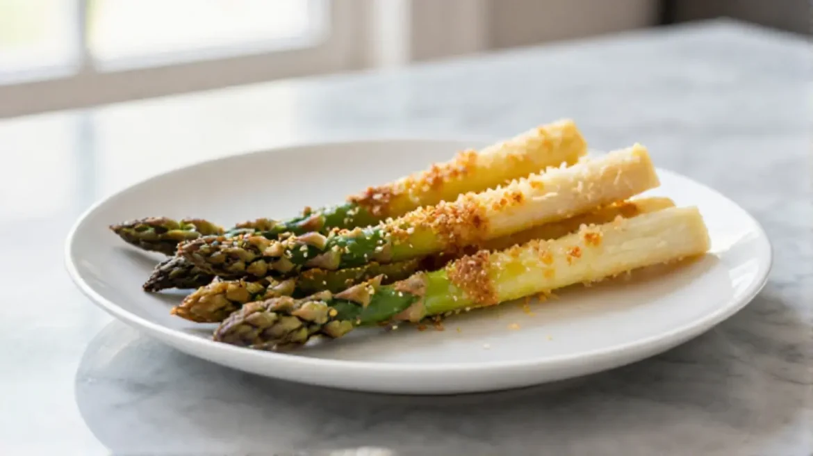 Spargel-Parmesan-Sticks im Airfryer auf einem Teller präsentiert.
