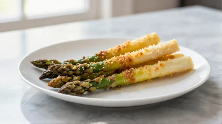 Spargel-Parmesan-Sticks im Airfryer auf einem Teller präsentiert.
