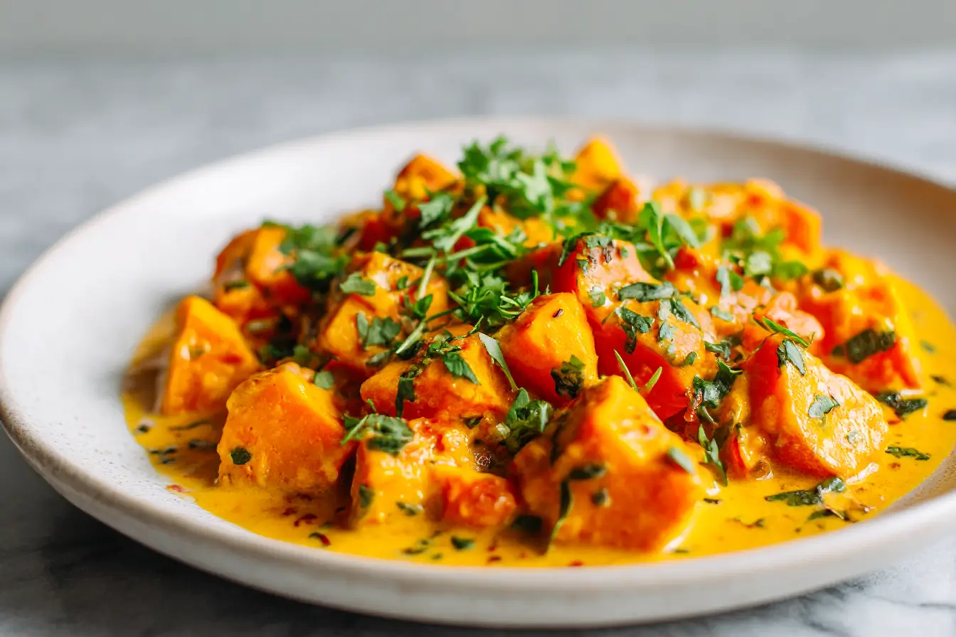 Leckeres Süßkartoffel-Curry, perfekt zubereitet in der Heißluftfritteuse.