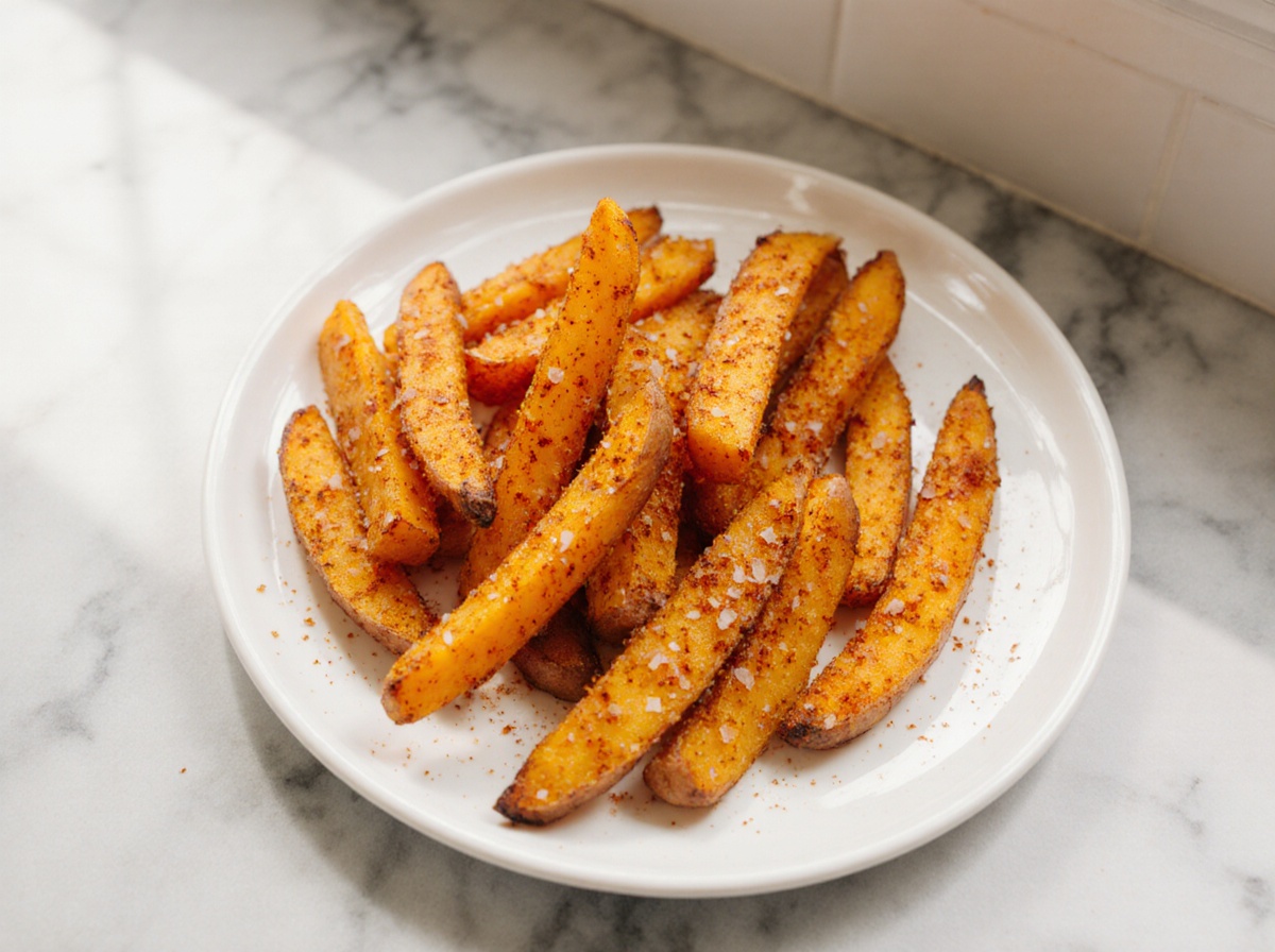 Leckere Süsskartoffel Pommes in der Heißluftfritteuse zubereitet.