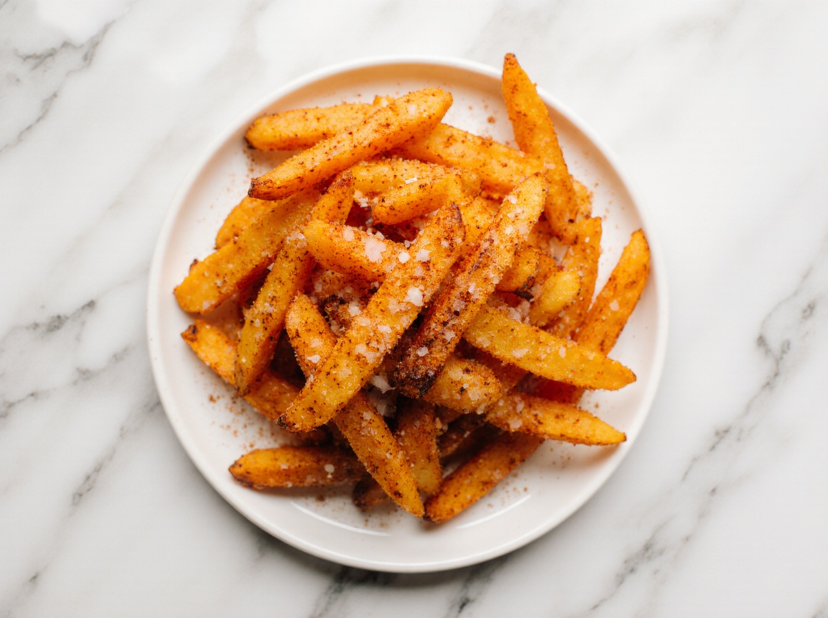 Süsskartoffel Pommes, frisch zubereitet in der Heißluftfritteuse.