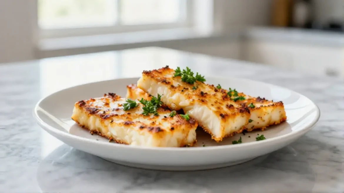 Tandoori-Halloumi aus der Heißluftfritteuse serviert auf einem Teller.