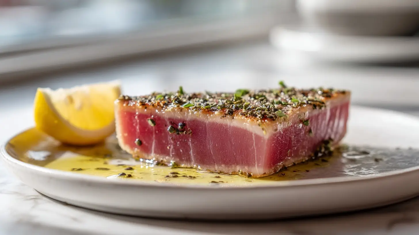 Leckeres Thunfisch-Steak aus der Heißluftfritteuse, perfekt zubereitet.