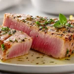 Thunfisch-Steak aus der Heißluftfritteuse zubereitet und serviert.