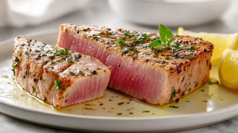 Thunfisch-Steak aus der Heißluftfritteuse zubereitet und serviert.