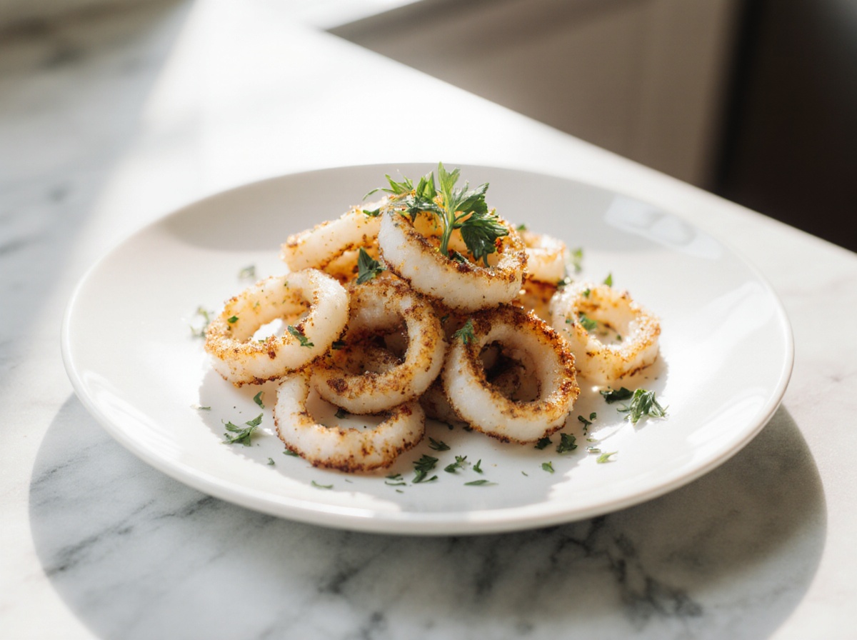 Tintenfischringe aus der Heißluftfritteuse für einen perfekten Snack.