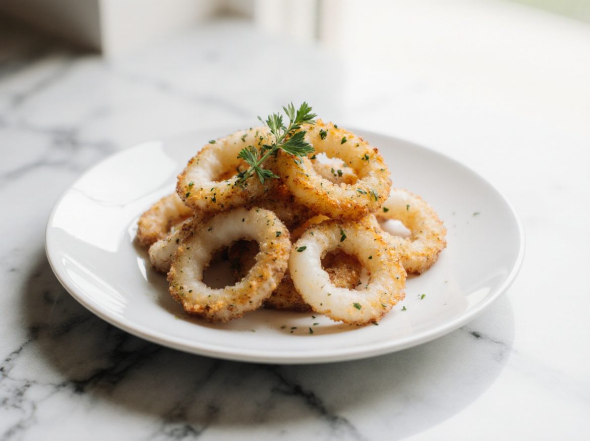 Leckere Tintenfischringe aus der Heißluftfritteuse auf dem Teller.