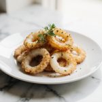 Leckere Tintenfischringe aus der Heißluftfritteuse auf dem Teller.