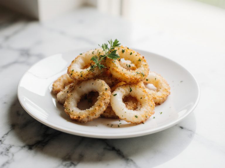 Leckere Tintenfischringe aus der Heißluftfritteuse auf dem Teller.