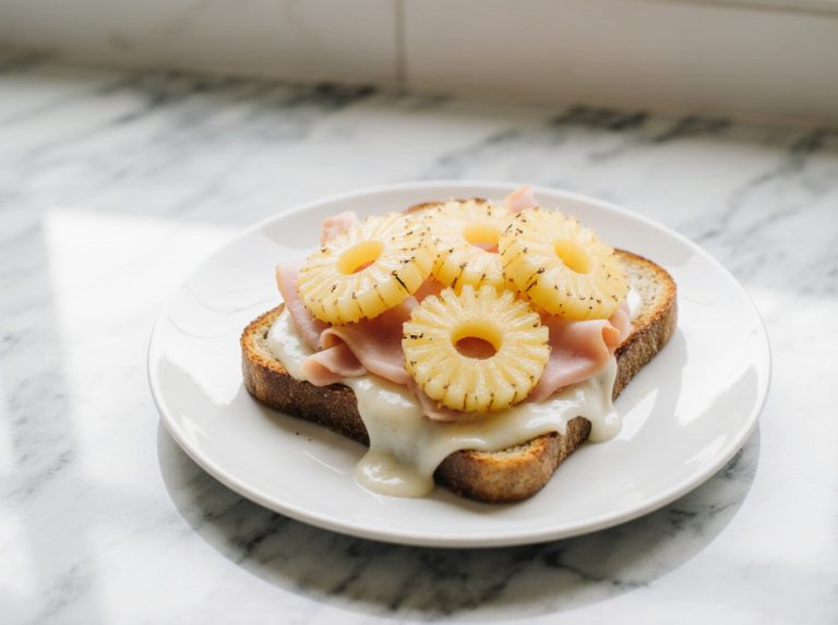 Toast Hawaii aus der Heißluftfritteuse – leckere Kombination aus Schinken, Ananas und Käse.