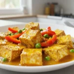 Leckeres Tofu-Curry aus der Heißluftfritteuse mit frischem Gemüse und aromatischen Gewürzen.