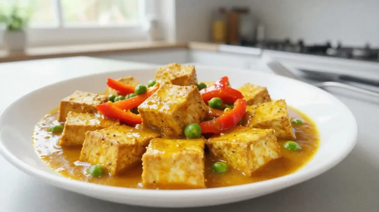 Tofu-Curry aus der Heißluftfritteuse Leckeres Tofu-Curry aus der Heißluftfritteuse mit frischem Gemüse und aromatischen Gewürzen.