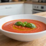 Leckere Tomatencremesuppe, frisch zubereitet im Airfryer für ein schnelles Abendessen.