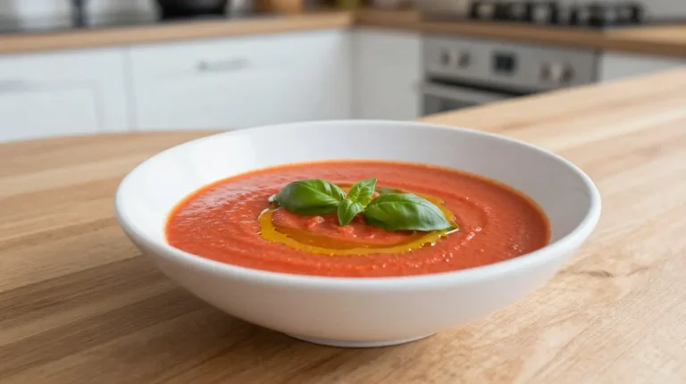 Leckere Tomatencremesuppe, frisch zubereitet im Airfryer für ein schnelles Abendessen.