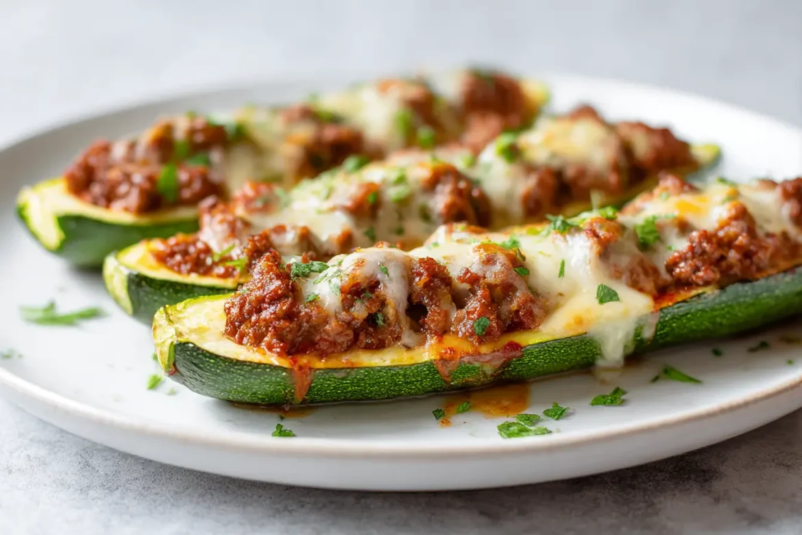 Überbackene Zucchini mit Hackfleisch, lecker zubereitet im Airfryer.