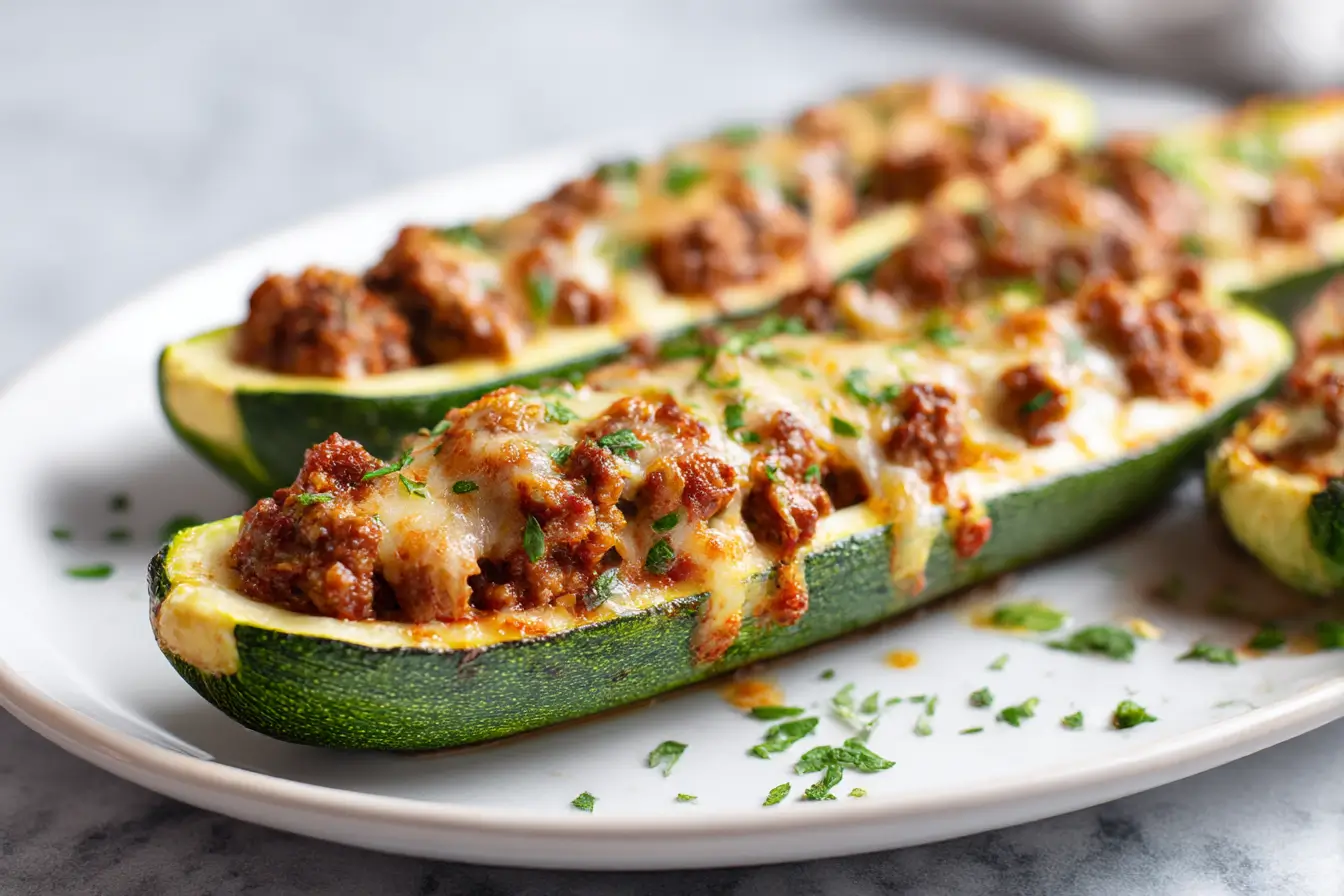 Überbackene Zucchini mit Hackfleisch, ein leckeres Gericht aus der Heißluftfritteuse.