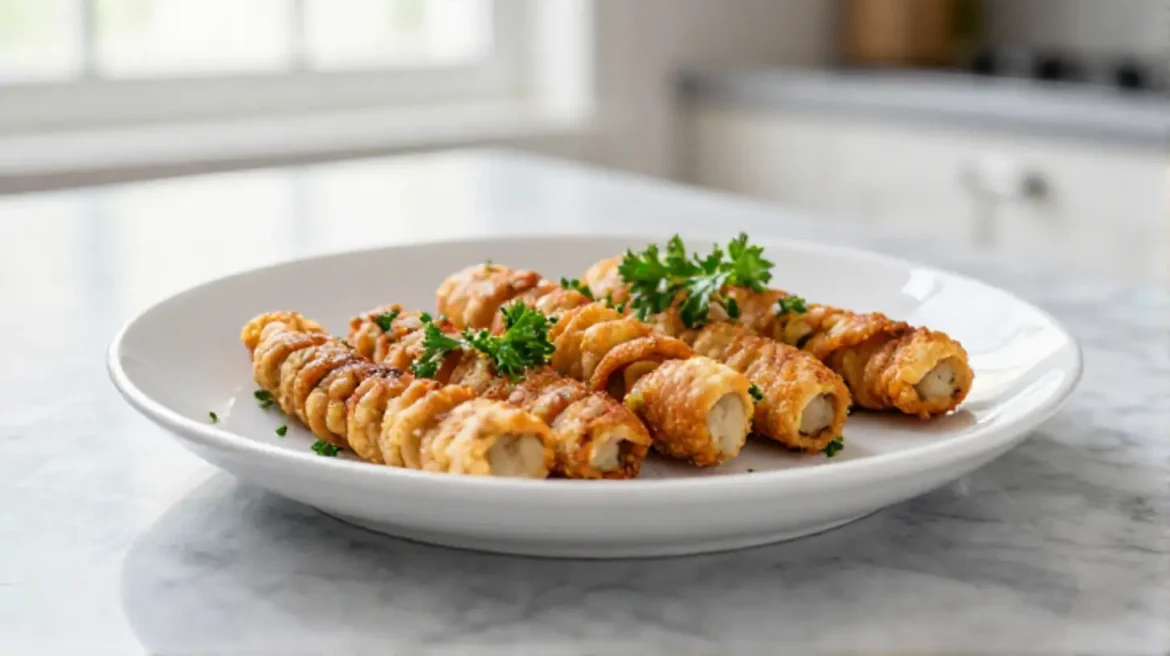 Vegane Cevapcici aus dem Airfryer auf dem Teller serviert.