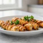 Vegane Cevapcici aus dem Airfryer auf dem Teller serviert.