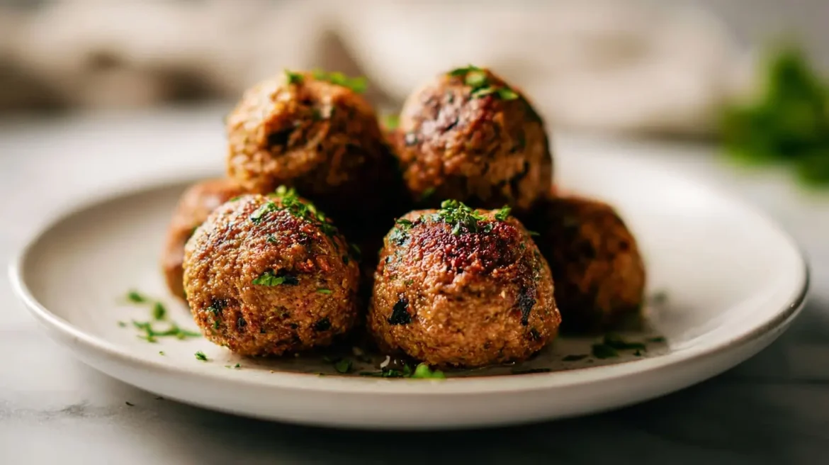 Leckere vegane Fleischbällchen im Airfryer zubereitet.