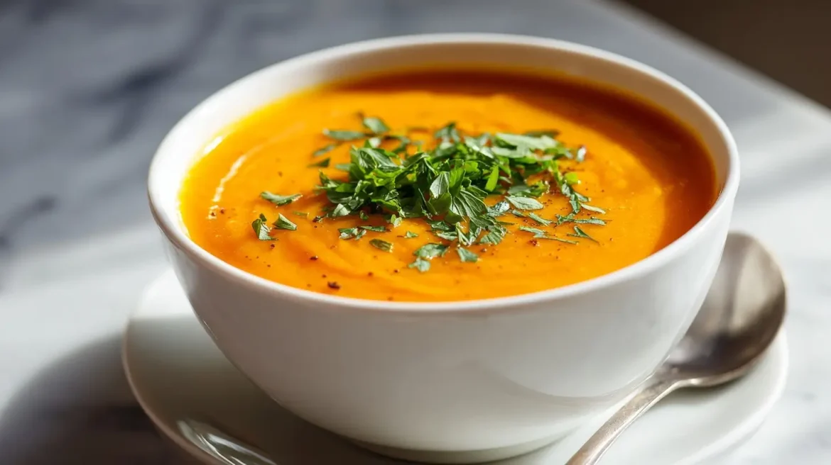 Vegane Süßkartoffel-Suppe aus dem Airfryer in einer Schüssel serviert.