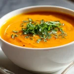 Vegane Süßkartoffel-Suppe aus dem Airfryer in einer Schüssel serviert.