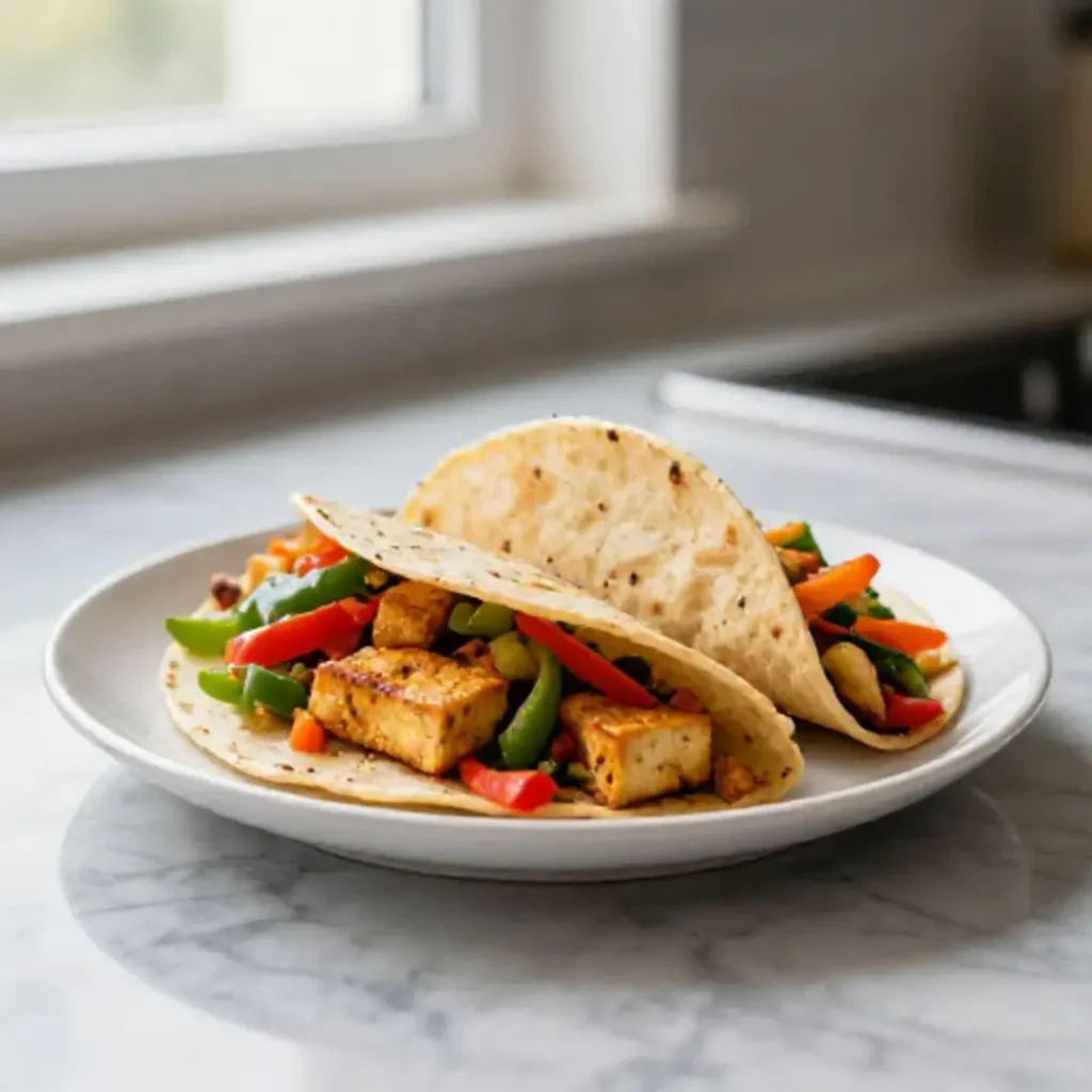 Bunte Gemüse und Tofu in vegetarischen Fajitas aus der Heißluftfritteuse.
