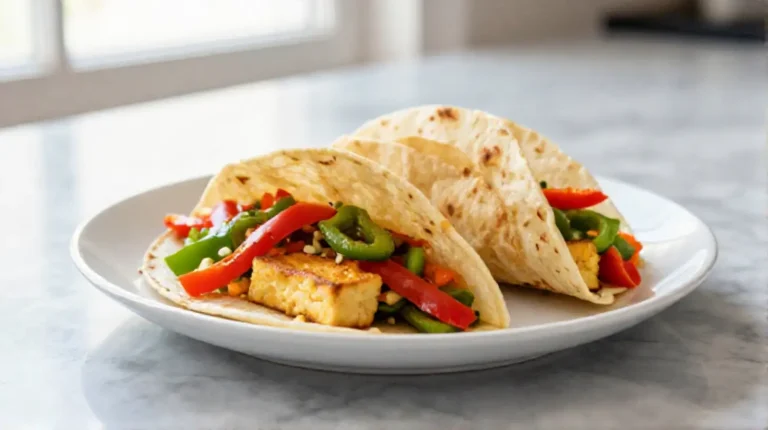 Vegetarische Fajitas mit Tofu aus der Heißluftfritteuse auf einem Teller.