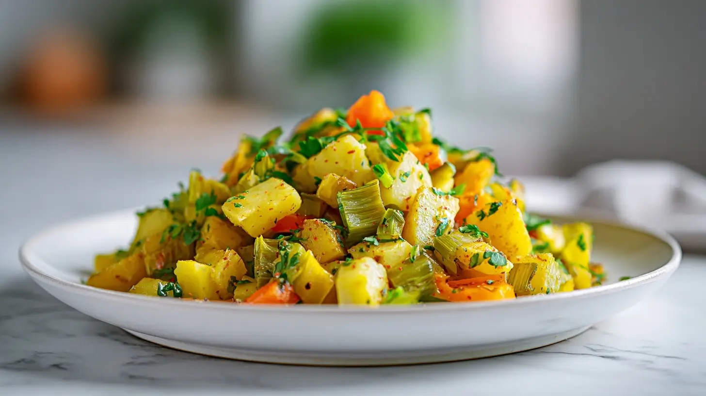 Leckere vegetarische Lauch-Kartoffel-Pfanne aus der Heißluftfritteuse.