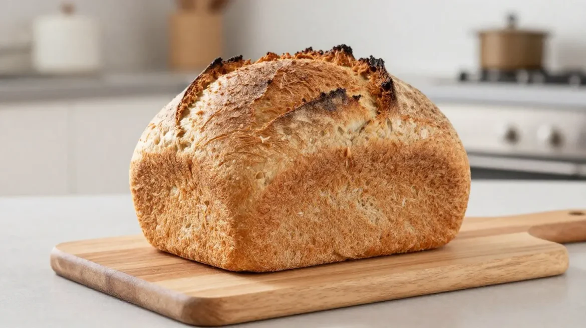 Frisches Vollkornbrot, das in der Heißluftfritteuse gebacken wurde, mit einer knusprigen Kruste.