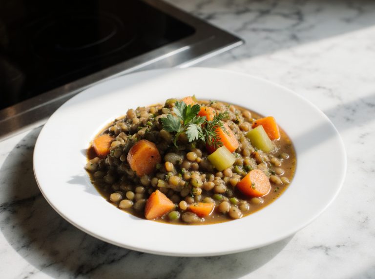 Wärmender Linseneintopf zubereitet im Airfryer mit frischen Zutaten.