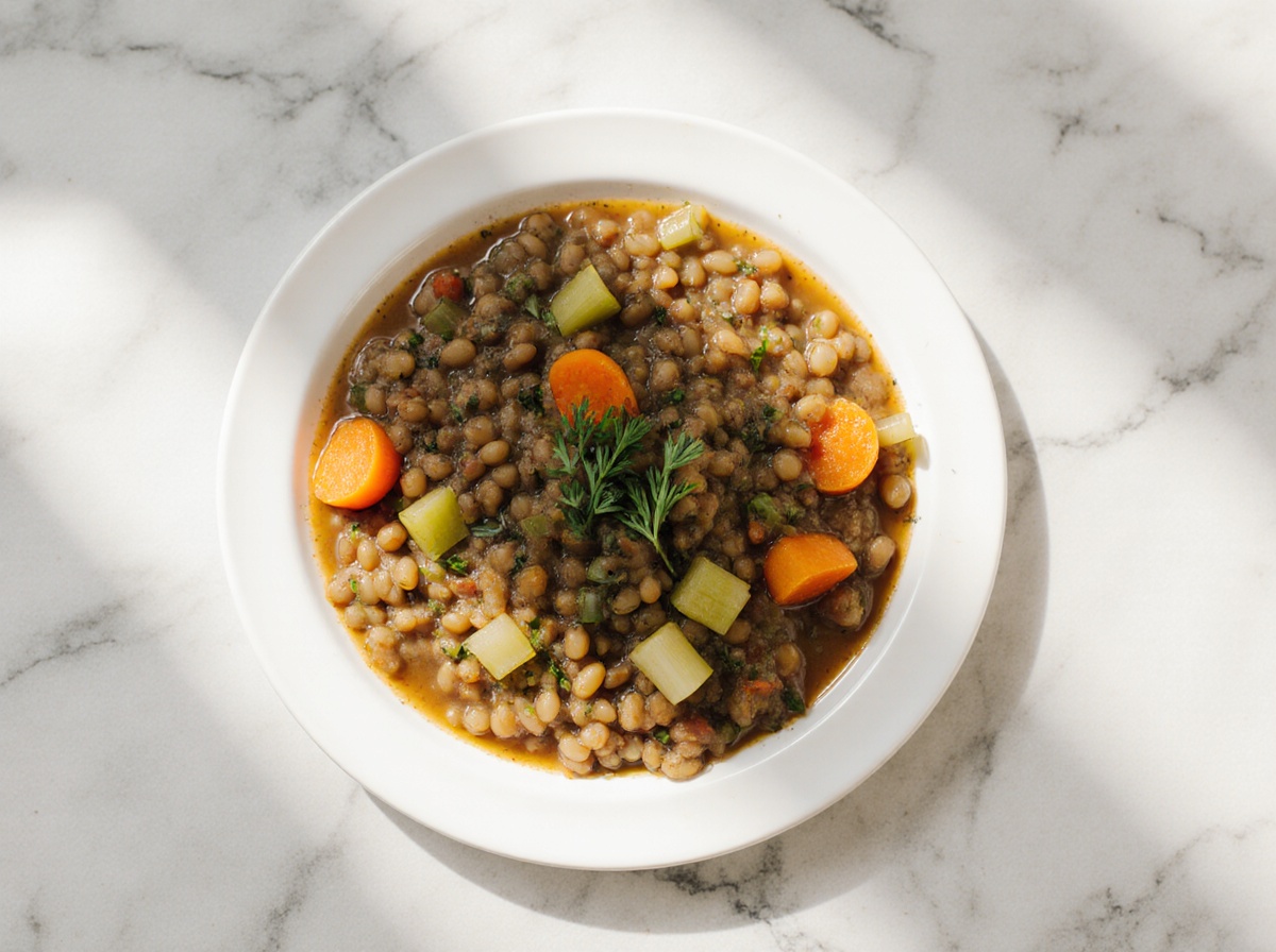 Wärmender Linseneintopf, perfekt zubereitet in der Heißluftfritteuse.