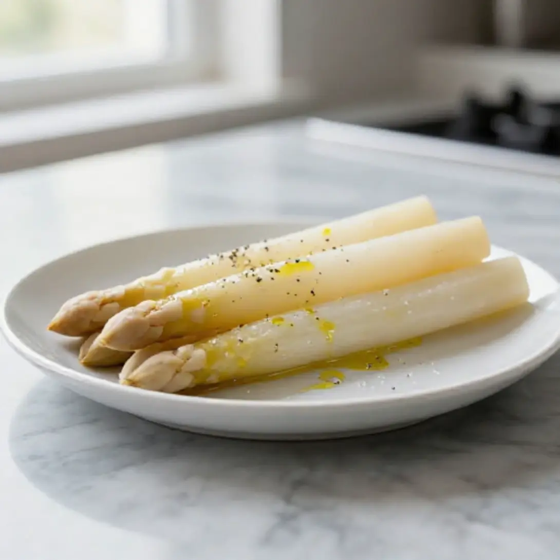Weißer Spargel aus der Heißluftfritteuse als Beilage serviert.