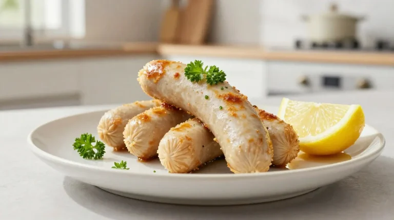 Weißwurst aus der Heißluftfritteuse Köstliche Weißwurst aus der Heißluftfritteuse, zart und perfekt gegart.