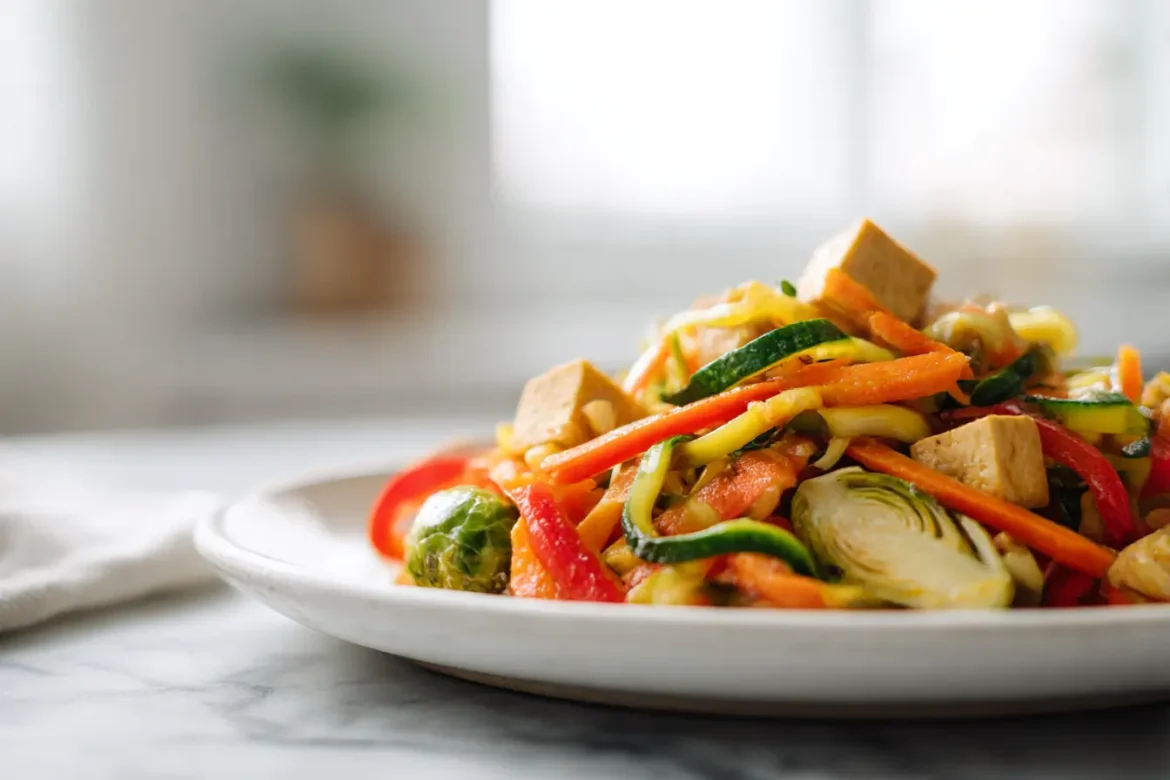 Winterliche Gemüsepfanne mit Tofu, frisch zubereitet im Airfryer.
