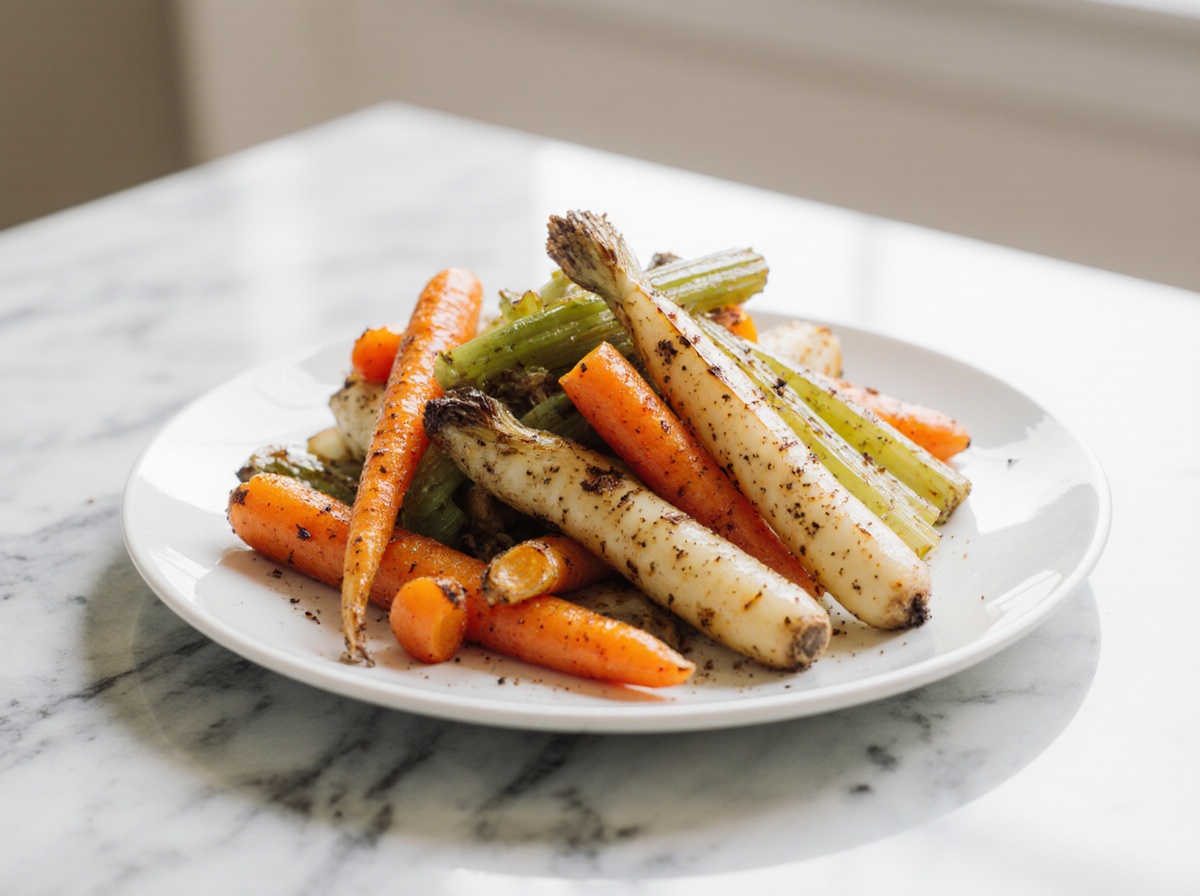 Leckere winterliche Wurzelgemüse-Pfanne zubereitet in der Heißluftfritteuse.