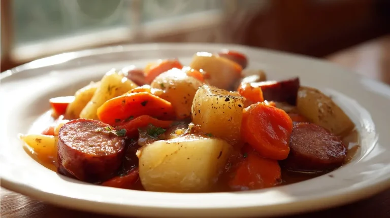 Winterlicher Eintopf mit Würstchen, zubereitet im Airfryer.