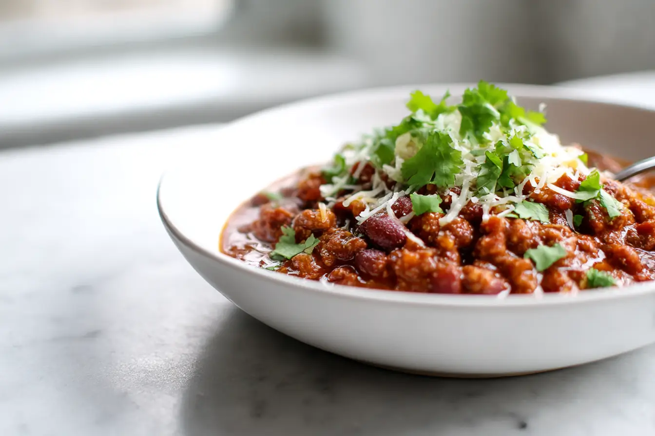 Würziges Chili con Carne, zubereitet in der Heißluftfritteuse.