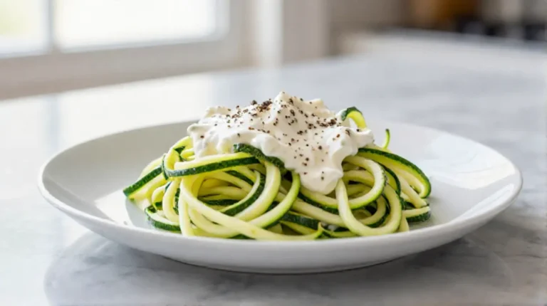 Zoodles mit Ajvar-Frischkäse-Soße, lecker zubereitet im Airfryer.